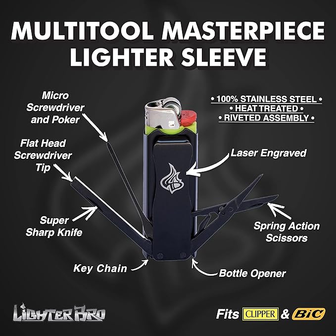 LighterBro Lighter Sleeve - Multi-Tool - 420 Stainless Steel - Easily Fits Your Favorite Lighters - Includes Mini Knife Ruler Scissors Screwdriver Poker Key Ring &amp More (Stealth/Blue Steel)