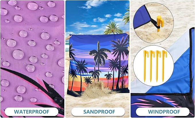 Beach Blanket Waterproof Sandproof Beach Mat 79 X 83/10'x9'for 2-8 Adults Quick Drying Outdoor Picnic Mat Beach Accessories for Travel Camping Hiking