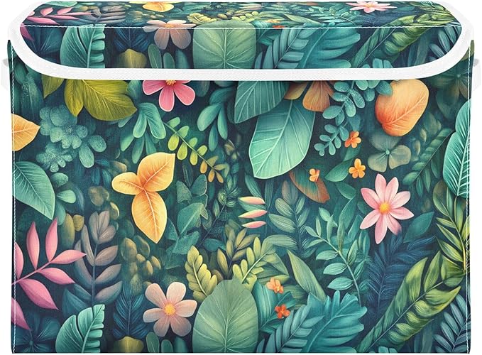 File Organizer Box Lush Greenery Floral Storage Bin with Lid Foldable Baskets for Office Document Storage 11.8x12.6 x16.5