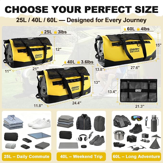 OSAH DRYPAK Waterproof Duffel Bag 25L/40L/60L – Heavy-Duty Motorcycle Tail Bag Roll-Top Dry Bag for Travel Camping Boating Kayaking Outdoor Adventure