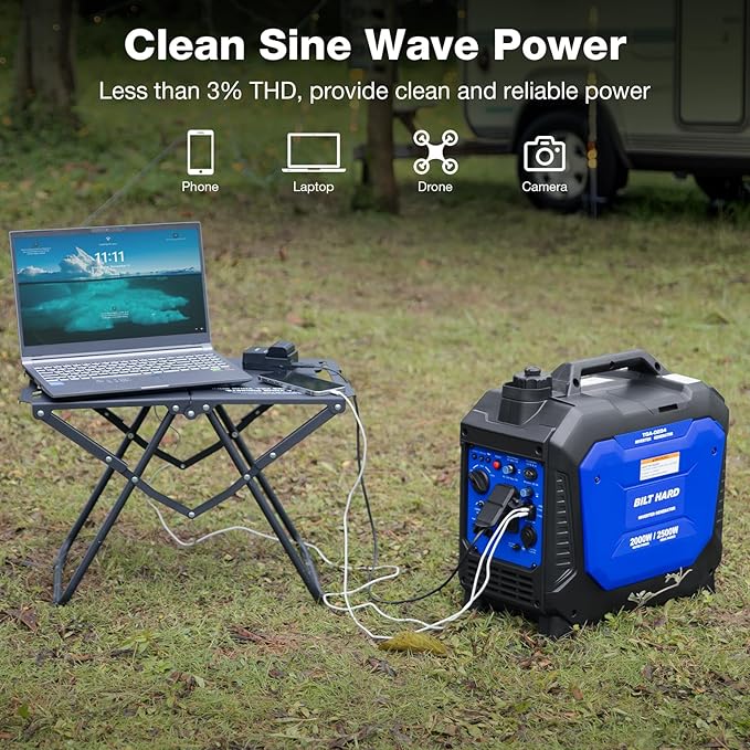 BILT HARD Gas Generator 2500W 80cc 4 Stroke Quiet Inverter Generator with CO Sensor Parallel Ready120V AC Duplex Receptacle and 12V DC Output Outdoor Generators for Camping Home Use 49-State
