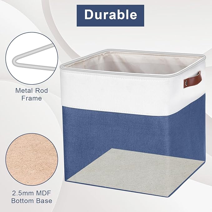 13x13 Cube Storage Bins Collapsible Fabric Storage Box 4 Pack Closet Baskets with Handles for Organizing Shelf Toys Clothes Home Office Nursery (NavyBlue&ampWhite)