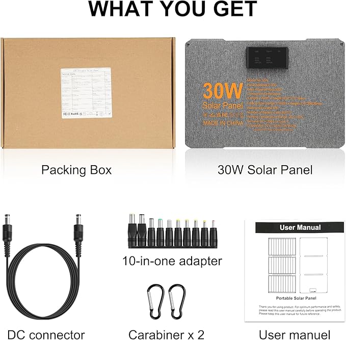 Portable Foldable Solar Panel Kit 30W 18V ETFE Solar Panels Charger with USB 3.0 Type-C and DC Outputs Fast Charging Compatible with iPhone iPad Power Banks IP67 Waterproof for RV Camping Off-Grid