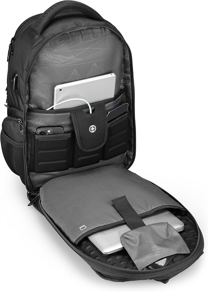 Swissdigital Design TSA Business Laptop Backpack for Men Large Capacity Travel Backpack with Apple Find My Network and USB Charging Port Tech Backpacks Fits 17 Inch Computer Black| SD1643FB-01