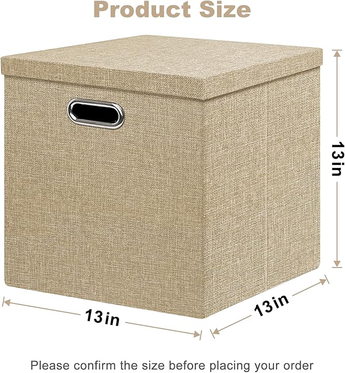 Linen Storage Bins with Lids13 x 13 Inch Foldable Fabric Cube Baskets Boxes Organizer for Closet Shelves and Home. (Khaki (13x13) 2 pack)