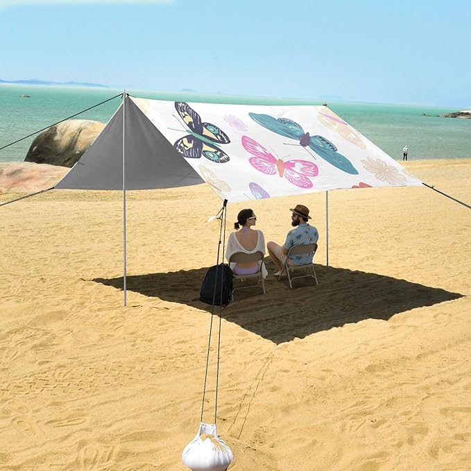 xigua Butterflies Beach Tent Sun Shelter with Carrying Bag - Silver Coated Oxford Fabric Beach Canopy for Beach Camping Fishing - Includes Windproof Ropes Sandbags &amp Stakes
