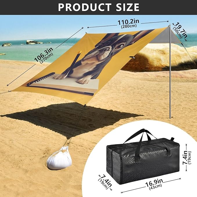 ALAZA Cute Puppy French on Yellow Beach Tent Sun Shelter Portable Canopy Sunshade for Outdoor Camping Picnics Backyard Fun 10x9 ft