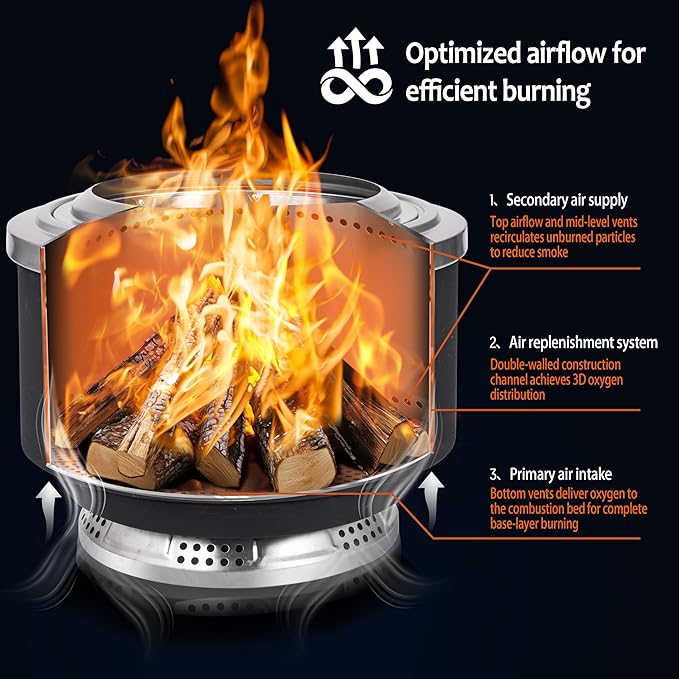 OuterMust 24 Inch Smokeless Fire Pit for Outside with Deck Safe Stand Wood Burning Outdoor Fireplace with Ash Pan for 5-7 Persons Stainless Steel Portable Bonfire for Patio Deck Backyard &amp Campi