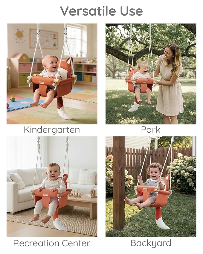 Wooden Baby Swing with Soft Safety Belt Cozy Infant Swing Seat for Indoor &amp Outdoor Use Adjustable Height Includes Mounting Hardware – Suitable for Babies &amp Toddlers（Fox-Themed in Red）