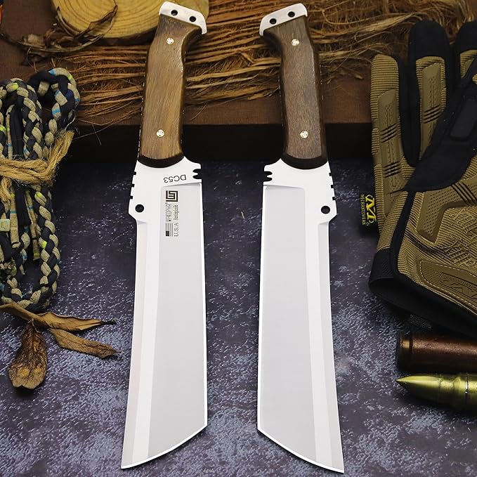 WPKOPYA Fixed Blade Outdoor Knife with Leather Sheath DC53 Steel Full Tang 6.6” Sharp Blade Wooden Handle 13.6” Tactical Survival Knife for Camping Hiking Bushcraft Cooking &amp Utility Use