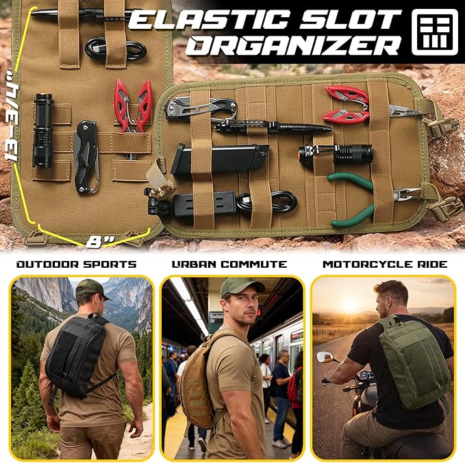 DBTAC Compact 9L Tactical Sling Bag with Removable Elastic Organizer Panel Everyday Carry Shoulder Pack for EDC Tools First Aid Travel Outdoor Sports (Brown)