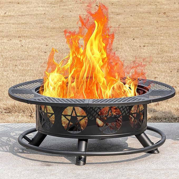 42 Inch Fire Pit with 2 Grills Extra Large Wood Burning Fire Pits for Outside with Lid &amp Poker Heavy Duty FirepitBBQ&amp Outdoor Fire Pit &amp Round Metal Table 3 in 1 for Patio Picnic Part