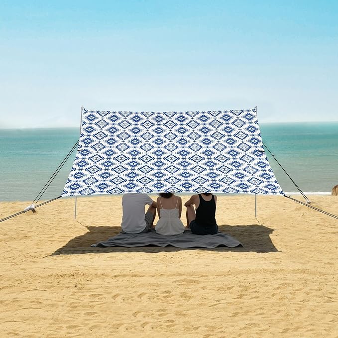 ALAZA Blue Star Aztec Art Beach Tent Sun Shelter UPF50+ Protection Beach Shade Canopy w/ 4 Sandbags for Outdoor Camping Fishing Backyard Fun Picnic 10x9 ft