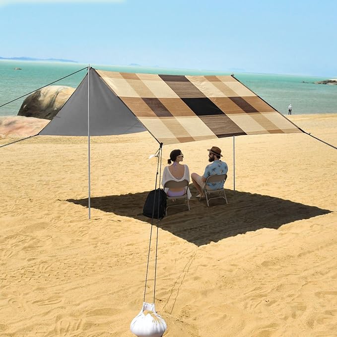 Sandybrown Buffalo Plaid Check Tartan Scotland Beach Cabana Tent UPF50+ Easy Setup Shade Sun Shelter with Sand Pockets for Camping Trips Fishing Backyard Fun or Picnics