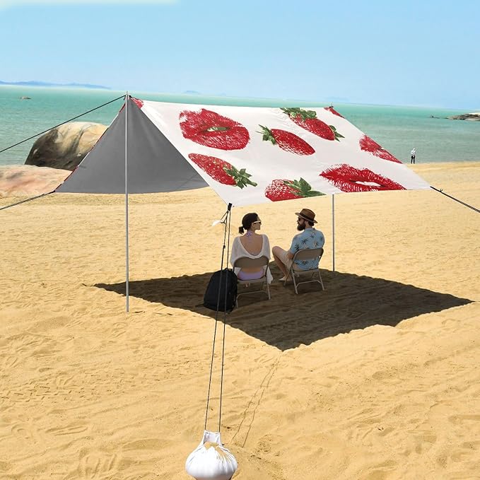 ALAZA Red Lips Strawberry Pattern Beach Tent Sun Shelter Portable Canopy Sunshade for Outdoor Camping Picnics Backyard Fun 10x9 ft