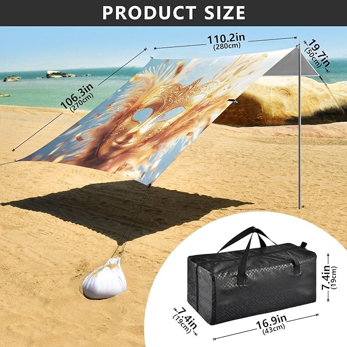 Carnival Golden Mask Mardi Gras Beach Tent Sun Shelter Set UPF50+ UV Protection 10.5 x 9.19 FT Camping Shade Canopy with Sandbags Sand Anchors Carrying Bag and Others