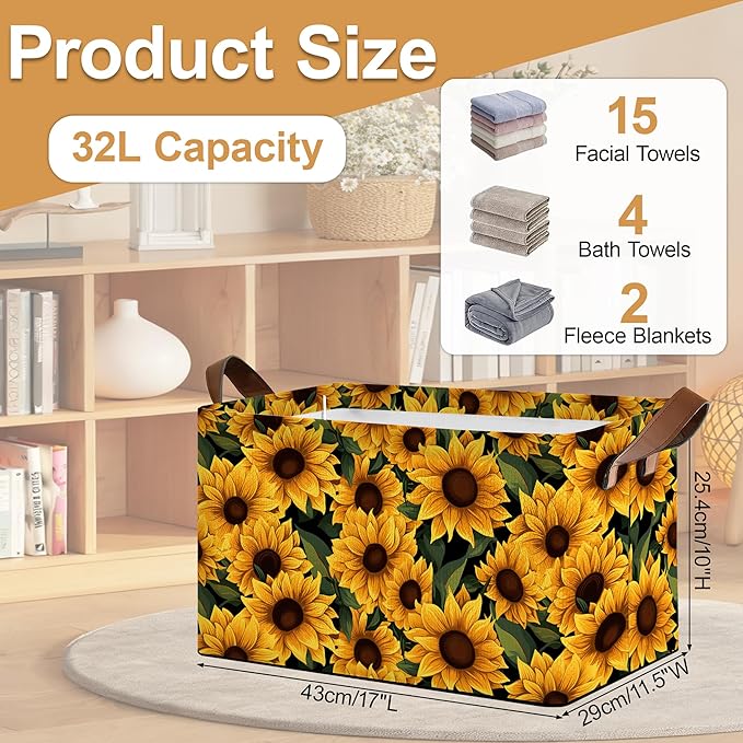 32L Large Storage Bins with Handles Basket Organizer for Shelves Closet Books Laundry &amp Home Decor (Field Sunflower)