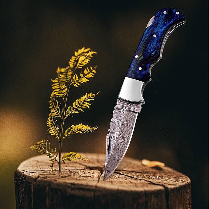 Pocket Knife 2.92 Drop Point Damascus Steel Blade Folding Knife with Blue &amp Black Wood Handle Back Lock EDC Knives with for Men Women GK-751 (Blue)