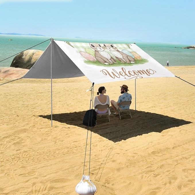 Beach Canopy with Windproof Ropes &amp Sandbags Beach Tent Sun Shade Sun Shelter for Camping Trips Fishing Backyard Fun or Picnics Easter Bunny