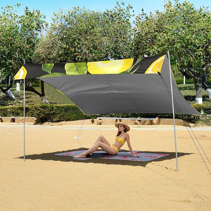 ALAZA Lemon Pattern on Black Beach Tent Sun Shelter Portable Canopy Sunshade for Outdoor Camping Picnics Backyard Fun 10x9 ft