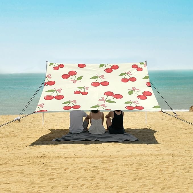 xigua Cherry Beach Tent Sun Shelter with Carrying Bag - Silver Coated Oxford Fabric Beach Canopy for Beach Camping Fishing - Includes Windproof Ropes Sandbags &amp Stakes