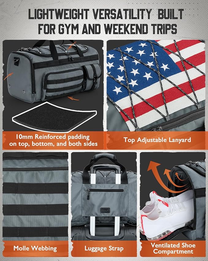 Gonex 45L Duffel Bag for Men 3 in 1 Convertible Carry Gym Duffle with Shoe Compartment Tactical Gear Loops Water-Repellent Lining Workout &amp Travel Bag (Gray)
