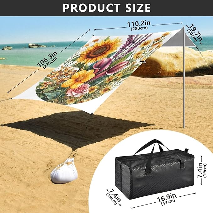 Spring Flowers Sunflower Calla Lily Rose White Stable Beach Tent UPF50 Water-Resistant Large Portable Sun Shelter with Sand Shovel for Camping Picnics Backyard &amp Fishing