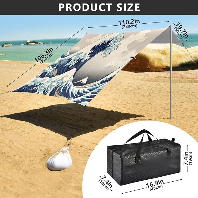 Waves Beach Canopy Sun Shelter with Sandbags &amp Sand Shovel &amp Windproof Ropes - Portable 110x126 Beach Shade Beach Tent for Camping Picnics