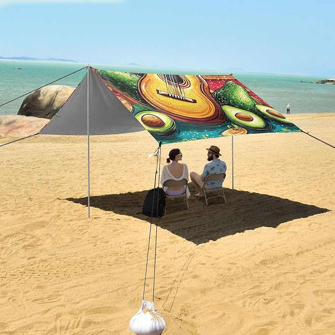 Mexican Style Cinco De Mayo Guitar Avocados Foldable Beach Cabana UPF50+ Easy Setup Large Portable Sun Shelter with Sandbags and Shovel for Camping Picnics Backyard