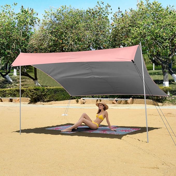 Solid Color Pure Plain Light Pink Beach Canopy UPF50 Lightweight Shade Sun Shelter with Sand Shovel for Camping Picnics Backyard &amp Fishing