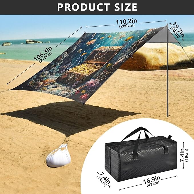 ALAZA Undersea Treasure Fish Beach Tent Sun Shelter UPF50+ Protection Beach Shade Canopy w/ 4 Sandbags for Outdoor Camping Fishing Backyard Fun Picnic 10x9 ft