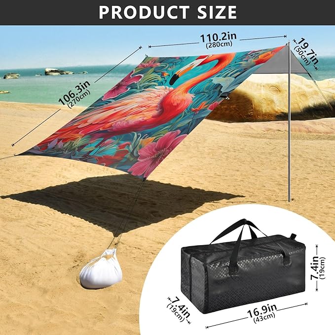 ALAZA Tropic Flamingo Flowers Chameleon Beach Tent Sun Shelter Portable Canopy Sunshade for Outdoor Camping Picnics Backyard Fun 10x9 ft