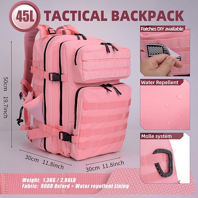 LUPU TACTICAL 45L Backpack for Men and Women 3 Days Assault Pack Outdoor Travel Hiking Camping Rucksack with Molle Webbing (Pink)