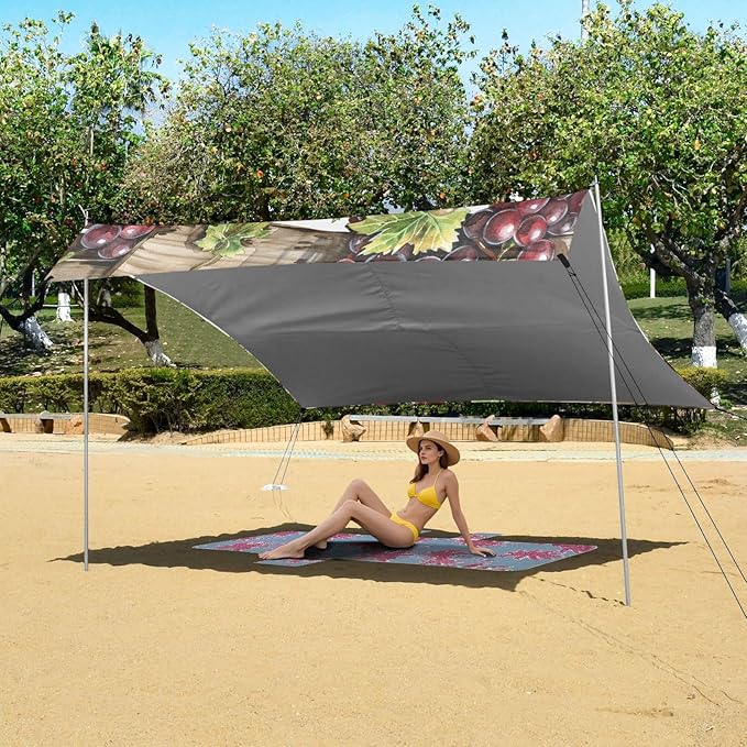 ALAZA Watercolor Wooden Box of Bottle and Red White Grapes Beach Tent Sun Shelter Portable Canopy Sunshade for Outdoor Camping Picnics Backyard Fun 10x9 ft