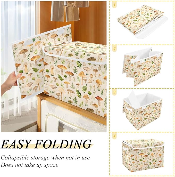 Storage Bins With Lid Stackable Fabric Closet Organizer Clothing Storage Large Boxes For Closet Shelves Bedroom Beige Mushrooms Leaves Caps Natural