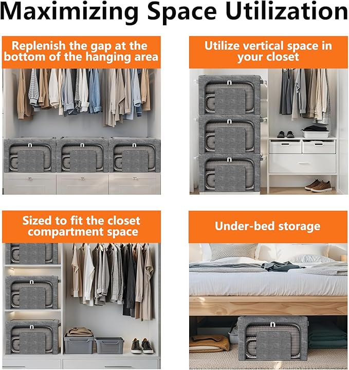 Stackable Clothes Storage Bins with Metal Frame 4 Piece Stackable Clothes Organizer with Double Opening + Clear Window Design for Cabinets Under Beds Storage and Garage Gray 2 * 22 L + 2 * 64 L