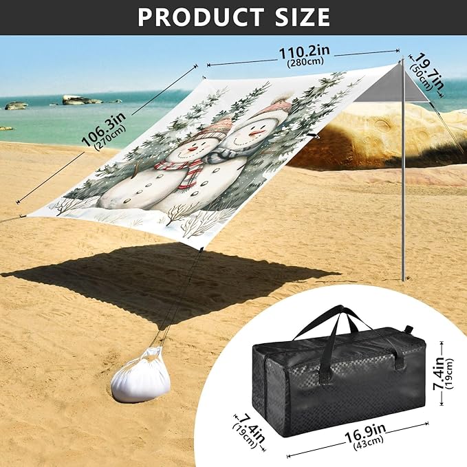 ALAZA Christmas Snowmen Beach Tent Sun Shelter UPF50+ Protection Beach Shade Canopy w/ 4 Sandbags for Outdoor Camping Fishing Backyard Fun Picnic 10x9 ft