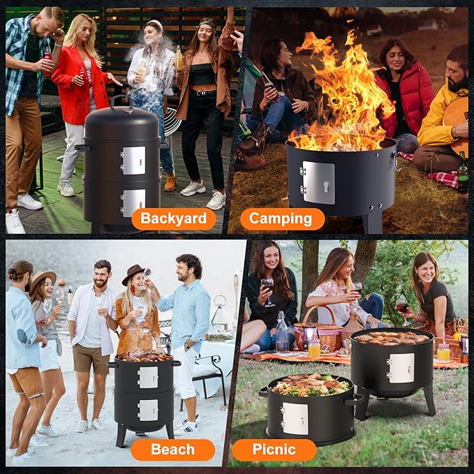 16 Charcoal Smoker 3 in 1 Heavy Duty Vertical Barbecue Grill Outdoor Fire Pit 402 Square Inches Cooking Area Versatile Outdoor Smoker Grill Black