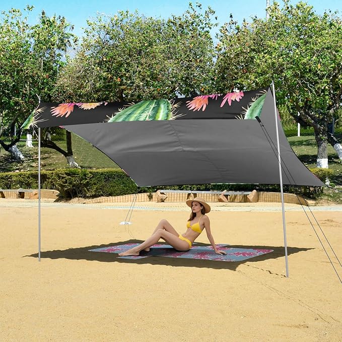 Beach Canopy with Windproof Ropes &amp Sandbags Beach Tent Sun Shade Sun Shelter for Camping Trips Fishing Backyard Fun or Picnics Cactus