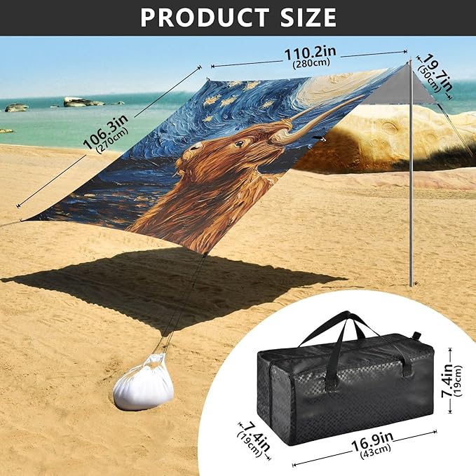 ALAZA Highland Cattle Starry Sky Beach Tent Sun Shelter Portable Canopy Sunshade for Outdoor Camping Picnics Backyard Fun 10x9 ft
