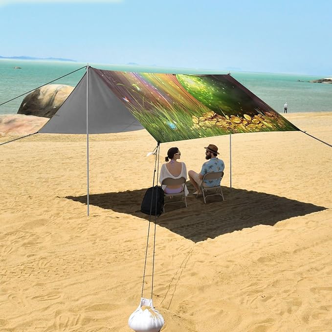 St Patrick's Day Golden Coins Pot Beach Tent Sun Shelter Set UPF50+ UV Protection 10.5 x 9.19 FT Camping Shade Canopy with Sandbags Sand Anchors Carrying Bag and Others