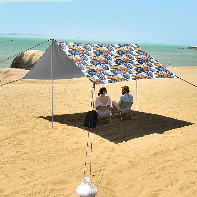 ALAZA Cartoon Monster Truck Beach Tent Sun Shelter UPF50+ Protection Beach Shade Canopy w/ 4 Sandbags for Outdoor Camping Fishing Backyard Fun Picnic 10x9 ft