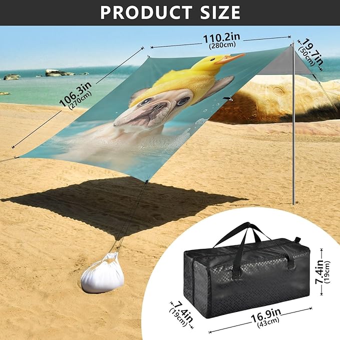 ALAZA French Bulldog Take A Bath Duck Beach Tent Sun Shelter Portable Canopy Sunshade for Outdoor Camping Picnics Backyard Fun 10x9 ft