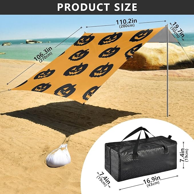 ALAZA Black Pumpkin Silhouette Pattern Beach Tent Sun Shelter UPF50+ Protection Beach Shade Canopy w/ 4 Sandbags for Outdoor Camping Fishing Backyard Fun Picnic 10x9 ft