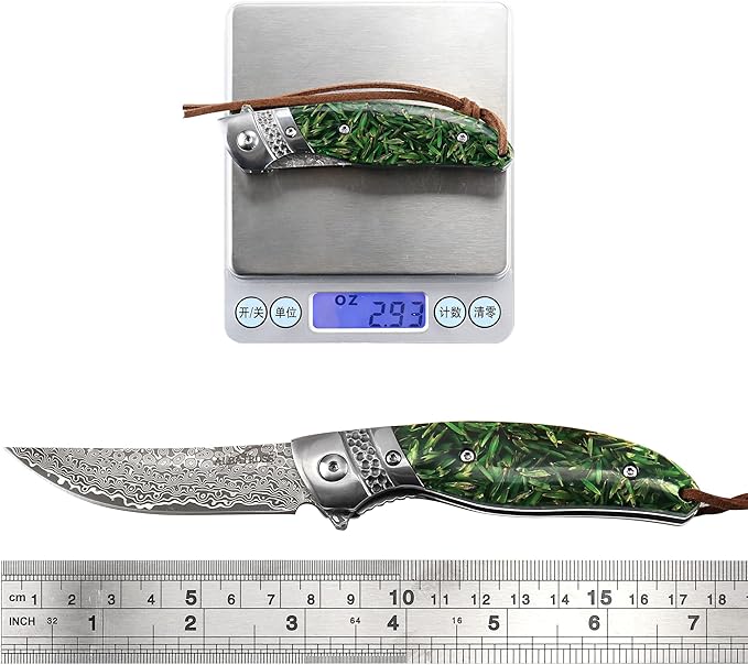 ALBATROSS Damascus Folding Pocket Knife - Premium EDC with VG10 Steel Blade Green Synthetic Handle Ball Bearing Assisted Opening Liner Lock for Outdoor Hunting Camping - Great Gift for Men - HGDK