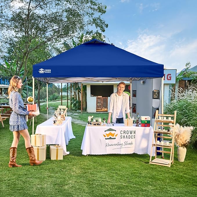 CROWN SHADES Canopy Tent 10 x 10 Foot Portable Pop Up Outdoor Shelter with Pocket Sidewall Push Center Lock UV Protection and Carry Bag Navy Blue