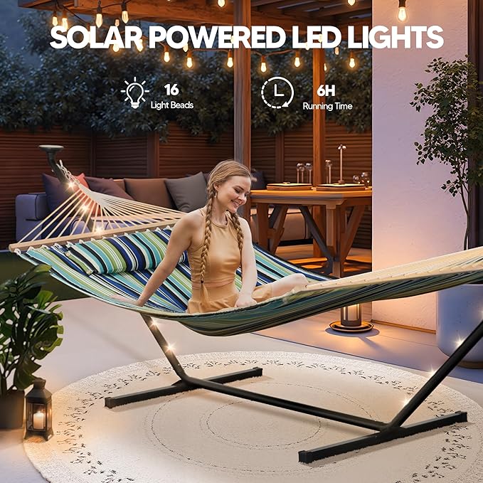 SUNCREAT Hammocks Stand Alone Hammock with Solar Powered Lights Portable Standing Hammock Green