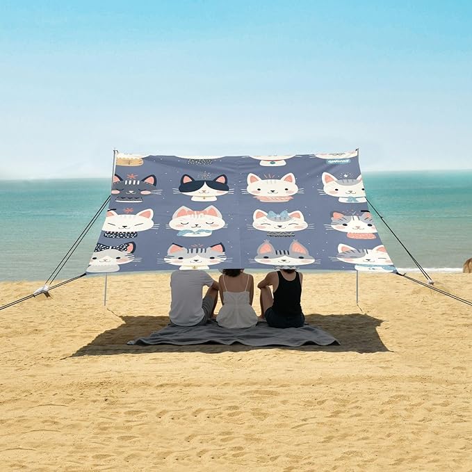 Cartoon Little Cats Faces Beach Cabana Tent UPF50 Waterproof Sun Shelter with Sand Pockets for Family Trips Picnics &amp Camping