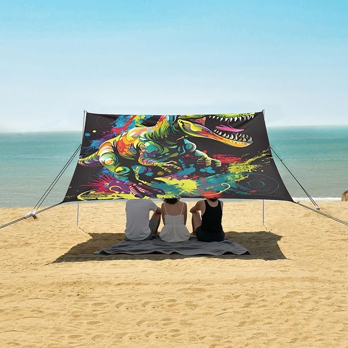 ALAZA Dinosaur T-rex Dino Beach Tent Sun Shelter UPF50+ Protection Beach Shade Canopy w/ 4 Sandbags for Outdoor Camping Fishing Backyard Fun Picnic 10x9 ft