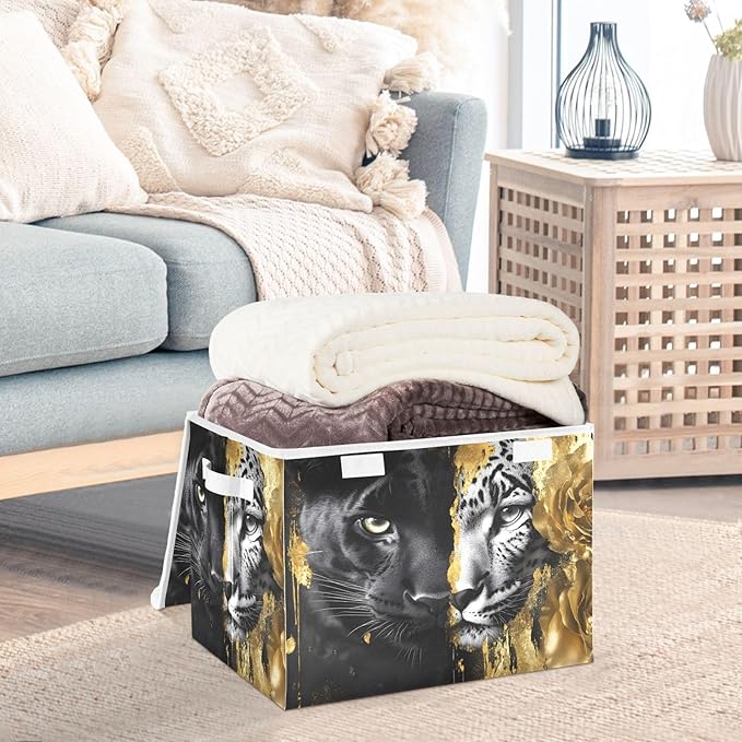 AIXIWAWA Lidded Storage Cube (Two Face Leopard) Fabric Foldable Closet Bins with Flip Lid and Handles Organizer Basket Container 16.5 x 12.6 x 11.8 IN